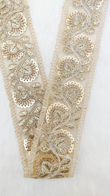Gold Sequins Trim 2 Yards Decorative Floral Embroidered Lace Sari Border Costume Ribbon Crafting